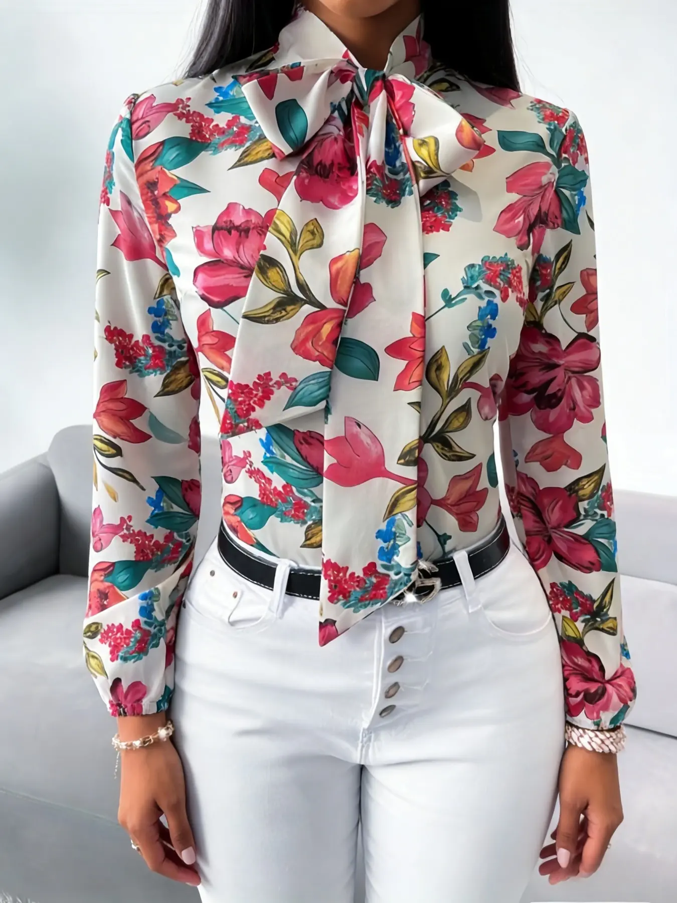 Women's Casual Floral Fashion Colorful Flower Print Bow-Tied Lantern Sleeve Long Sleeve Shirt, suitable for spring and summer, ideal for vacations, commutes, and daily wear, Boho Shirt Blouse, Botanical Floral Shirt