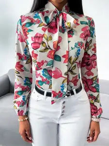 Women's Casual Floral Fashion Colorful Flower Print Bow-Tied Lantern Sleeve Long Sleeve Shirt, suitable for spring and summer, ideal for vacations, commutes, and daily wear