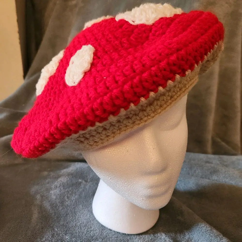 Mushroom Beret - Red Crochet Hat with White Accents on Sides and Top, Ideal for Autumn and Winter Wear