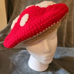 Mushroom Beret - Red Crochet Hat with White Accents on Sides and Top, Ideal for Autumn and Winter Wear