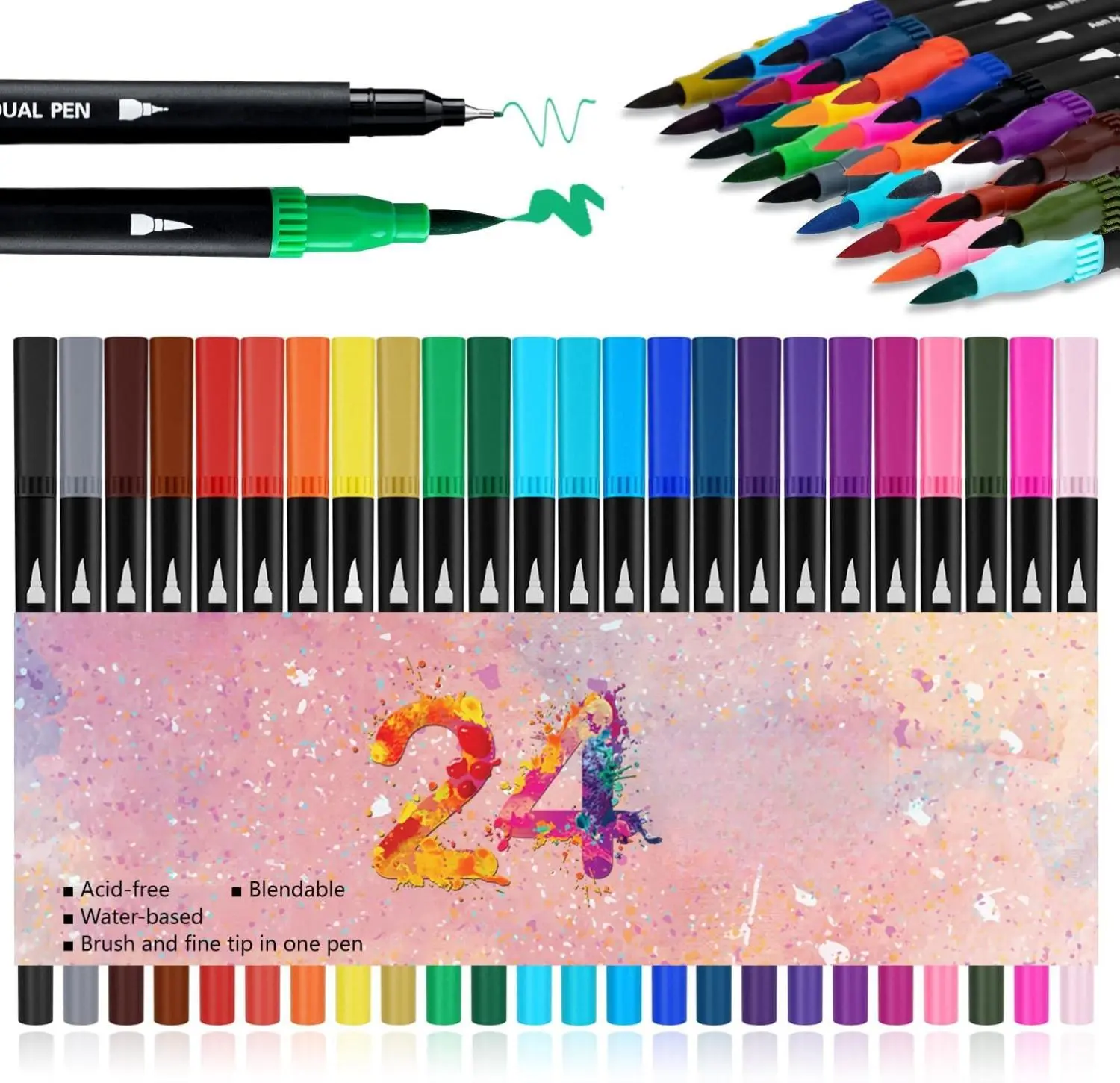 [New Deal] 24 Colored Dual Brush Markers for Adult Coloring Books,  Fine Point Marker Pen for Back to School Supplies Bullet Journaling Note Taking Drawing plastic beadable pen bulk, Markers For Coloring