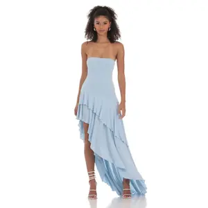Strapless Ruffle Asymmetrical Maxi Dress in Blue