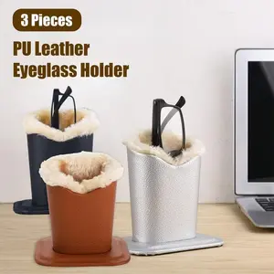 3 Pack Eyeglass Holder Stand with Non-Slip Base | PU Leather & Soft Lining to Protect Lenses | Organize Glasses, Sunglasses, Reading Glasses Easily