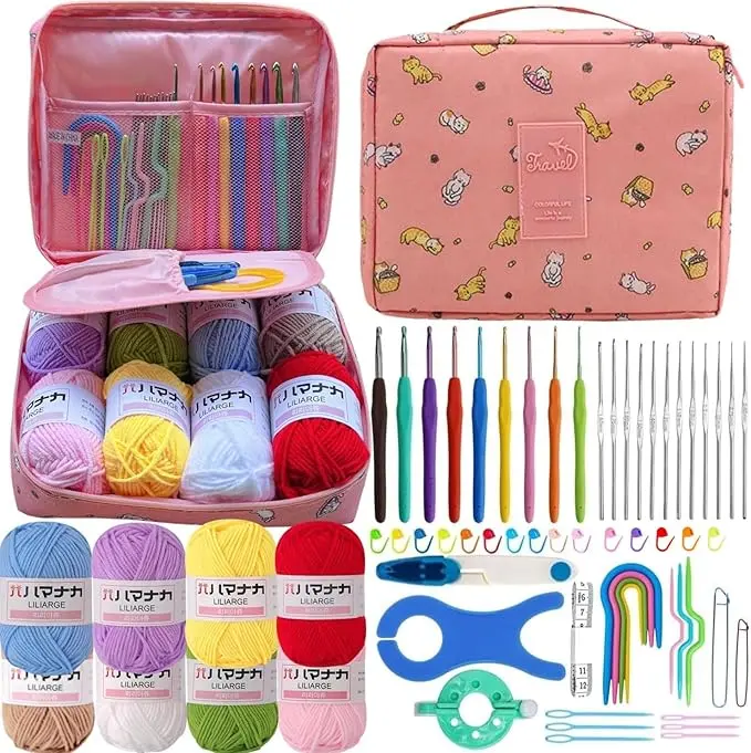 Crochet Kit for Beginners Adults,Beginner Crochet Kits with Yarn,Learn to Crochet Kit,Crochet Supplies,Ergonomic Crochet Hooks and Small Crochet Hooks