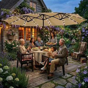 【Solar Lights】Yaheetech 2026 Upgrade 15/13ft Large Patio Umbrella, Outdoor Double-Sided Rectangle Umbrella with 36 LED Lights & Crank for Patio Garden Pool Lawn Backyard, Base Included