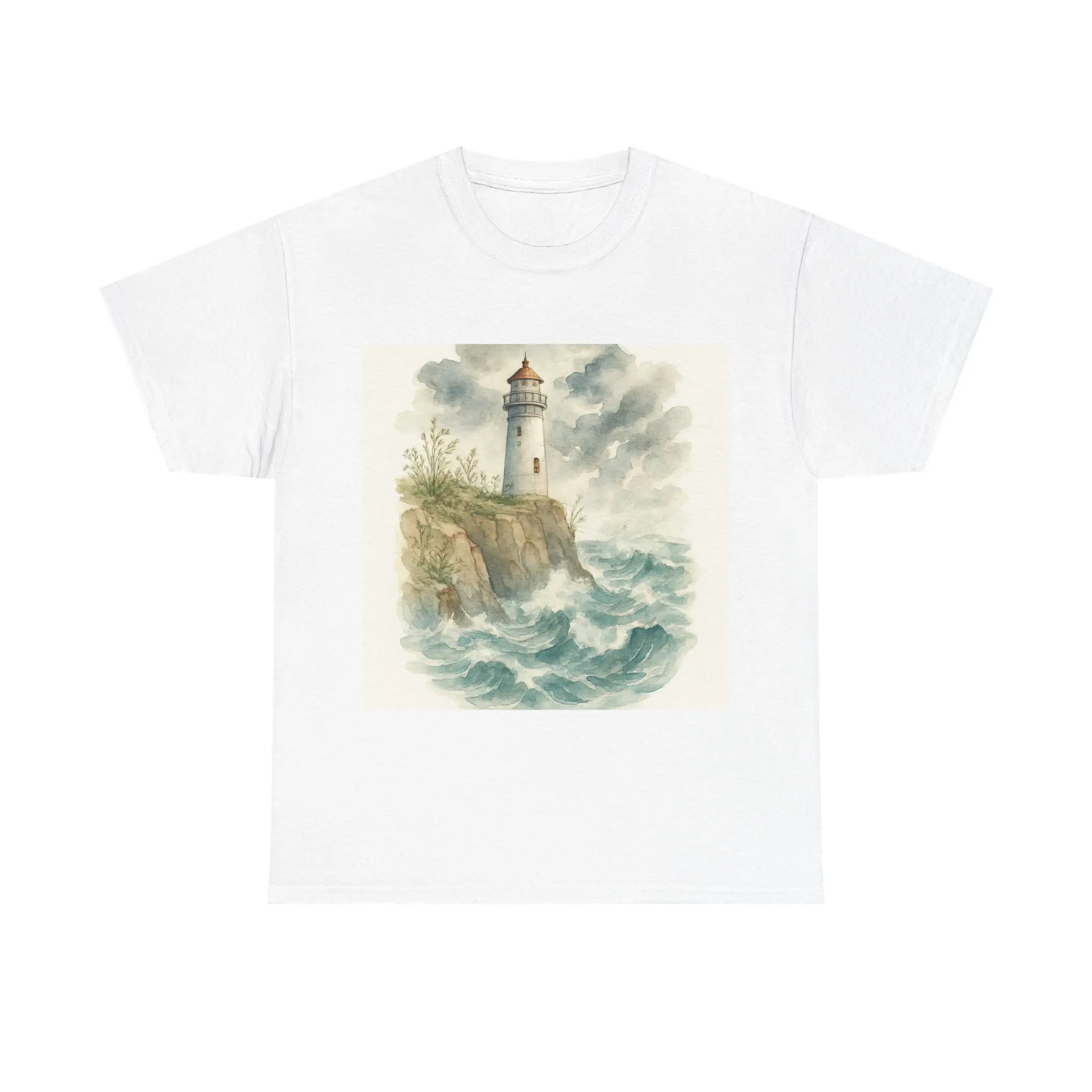 Lighthouse On Cliff In Dramatic Stormy Sea Shirt, Nature Art Tee, Outdoor A...