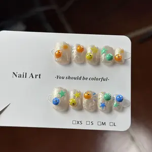 10pcs high-end Battle of balls Cute cartoon, hand-drawn dopamine pinches the little nose, flashes cat eyes handmade fake nails Press On Nails