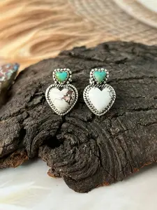 Handmade Sterling Silver Wildhorse Magnesite with Kingman Turquoise Heart Post Studs Earrings "Signed Nizhoni"