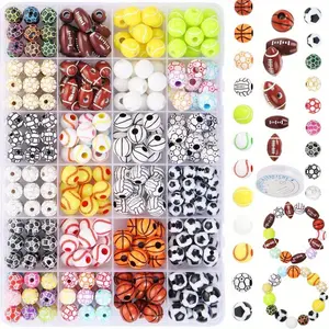 1Set Sports Ball Beads Set, Acrylic Plastic, Boho Twist Style, Cuboid Shape,for DIY Jewelry Making,Includes Baseball,Basketball, Football,Craft Supplies for Bracelets,Necklaces,Keychains