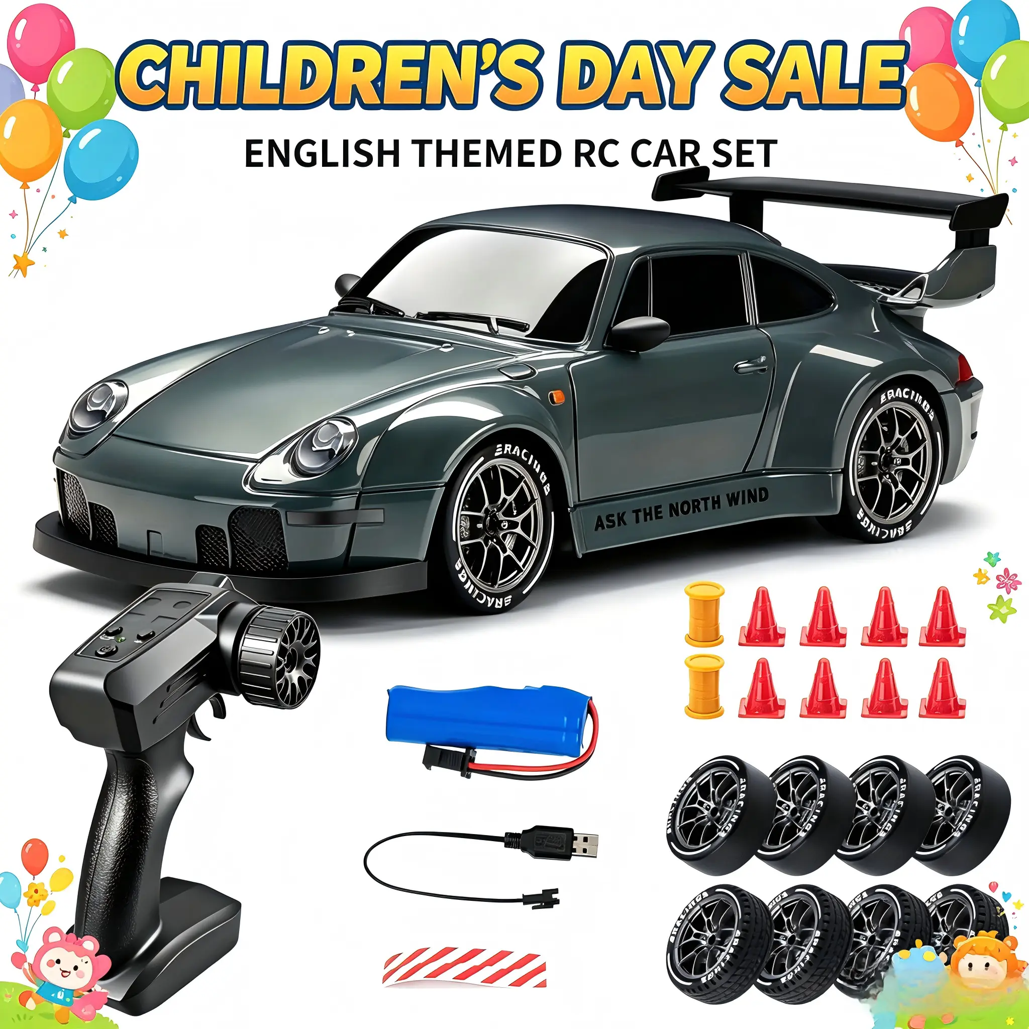 1:24 Scale RC Drift Car, RC Cars with 2.4GHz 4WD Electric Remote Control, LED Lights, 20KM/H High-Speed Drifting Tires & 2 Batteries - Ideal Gift for Kids for Halloween, Thanksgiving Rc Supercar Kit