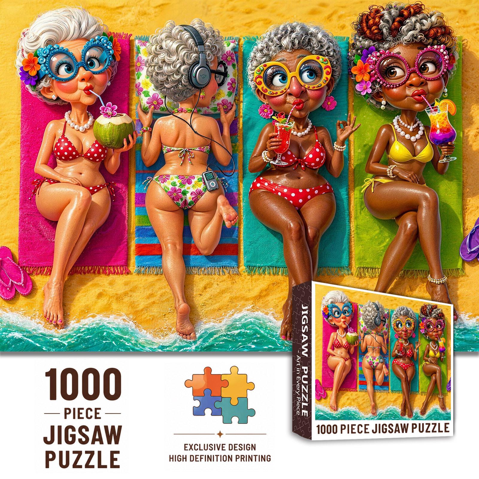 Walarky 1000-Piece Jsp-Beachgrandmas Beach Jigsaw Puzzle - Whimsical Cartoon Artwork, Adults/Family Game Nights Brain Teaser, Stress Relief Decoration, Ideal Gift, 27.5x20inch(70x50cm)
