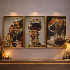 Set of 3 Black Woman Luxury Wine Wall Art Prints, Glam Gold Hands Champagne Poster Set