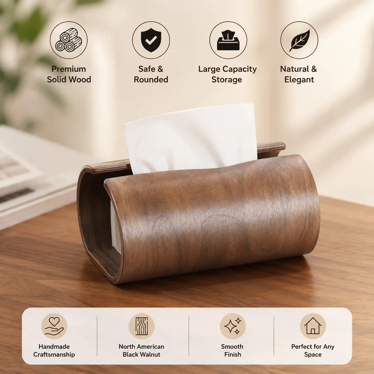 1 Count, Walnut Wooden Tissue Holder, Rounded Edge No Sharp Corner Design, Fits Most Roll Tissues and Facial Tissues, for Home Office Hotel Desktop Use
