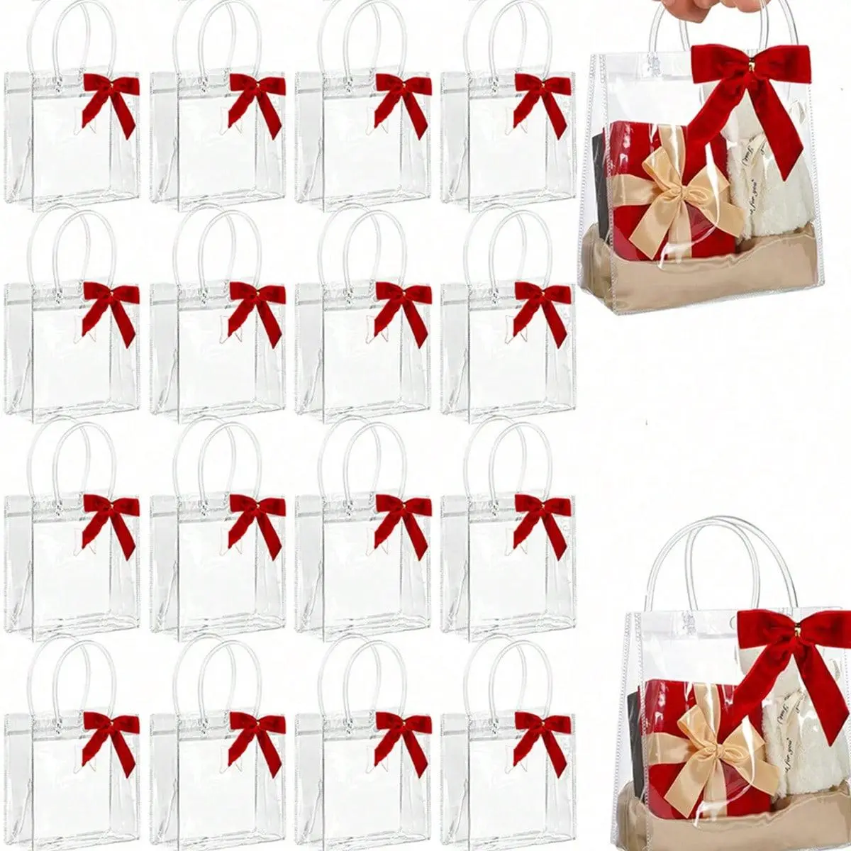 Clear Gift Bag with Bowknot, 10pcs/set Reusable Transparent Gift Wrap Bags, Gift Packaging Supplies for Wedding, Friend Party, Birthday Party, Party Packs, Packaging Kit, Graduation Gift Wrapping