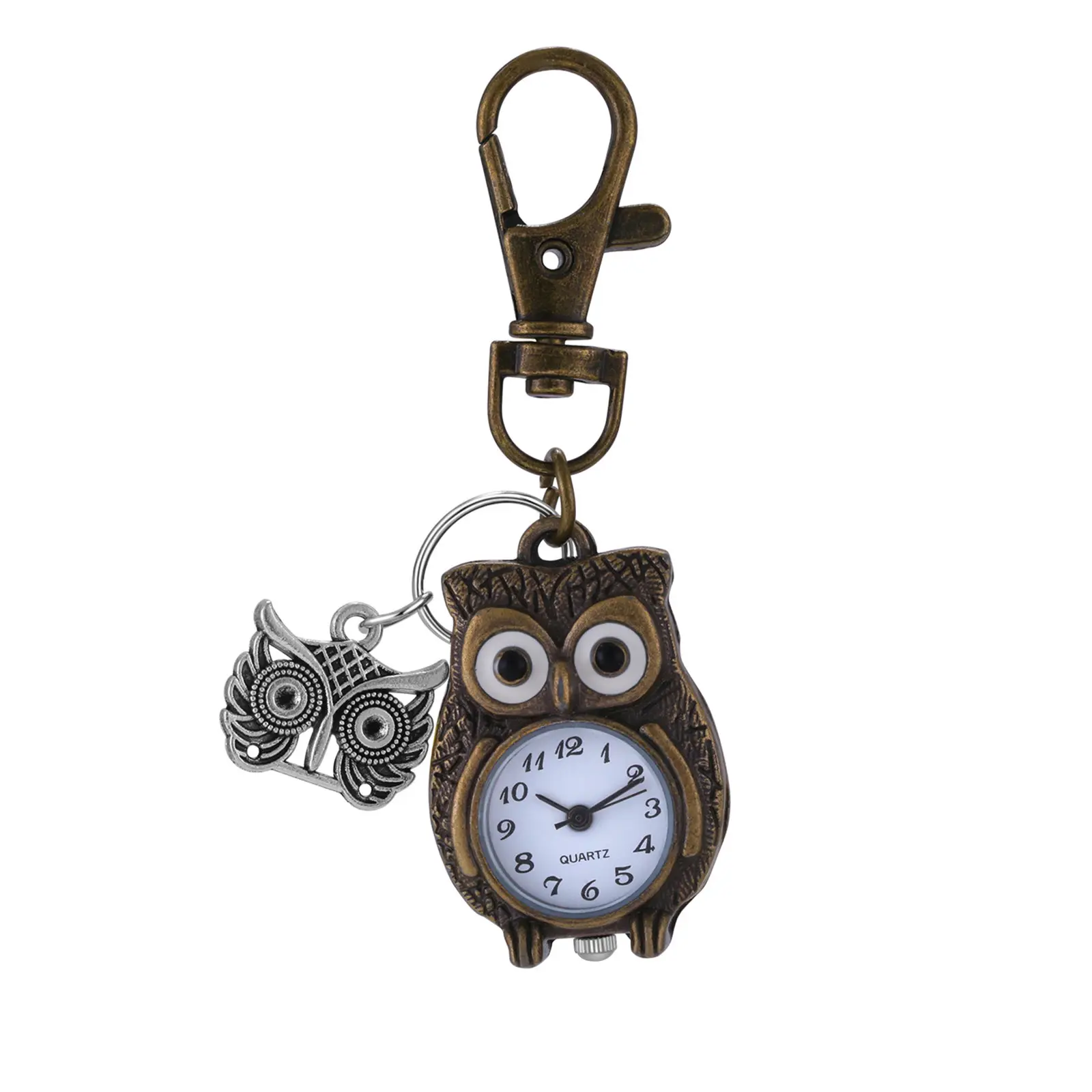 OIDEA Vintage Owl Pocket Watch Keychain for Owl Lovers, Splash-Resistant Analog Timepiece in Antique Bronze with Carabiner Clip, Analog Dial