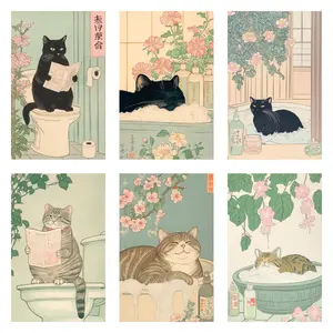 Japanese cat on toilet Canvas Wall Art Funny bathroom print Toilet poster Wall Decor Pictures Aesthetic Minimalism Artwork Neutral Painting Home Decoration