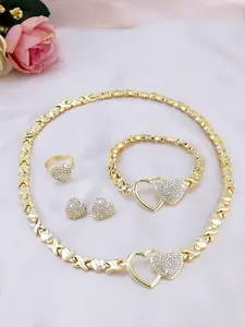Fashionable women's heart love hug gold-plated necklace, bracelet, and earring jewelry set, suitable for parties, weddings, and holiday gifts