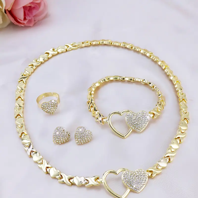 Women's Gold-Plated Chain and Link Heart Pendant Elegant Jewelry Set - 3-Piece Necklace, Earrings, Bracelet Combo, Accessories for Adult Females, Ideal Gift for Party, Wedding