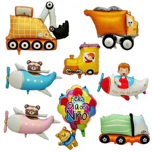 Transport & Cartoon Engineering Balloons Set, Includes Excavator, Dump Truck, Cement Mixer, Train, Bear Plane, Kids Party Decorations