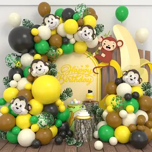 119-piece Animal Monkey Paradise Balloon Arch Set, including black, yellow, green, sand white and khaki balloons. Suitable for children's birthdays, anniversaries, summer parties and wild adventure themed birthday party decorations.