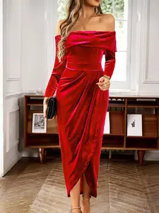 Women's Off The Shoulder Ruched Split Thigh Velvet Dress, Elegant Wrap Long Sleeve Dress for Party Club Dating Wear, Women's Clothing for Fall & Winter