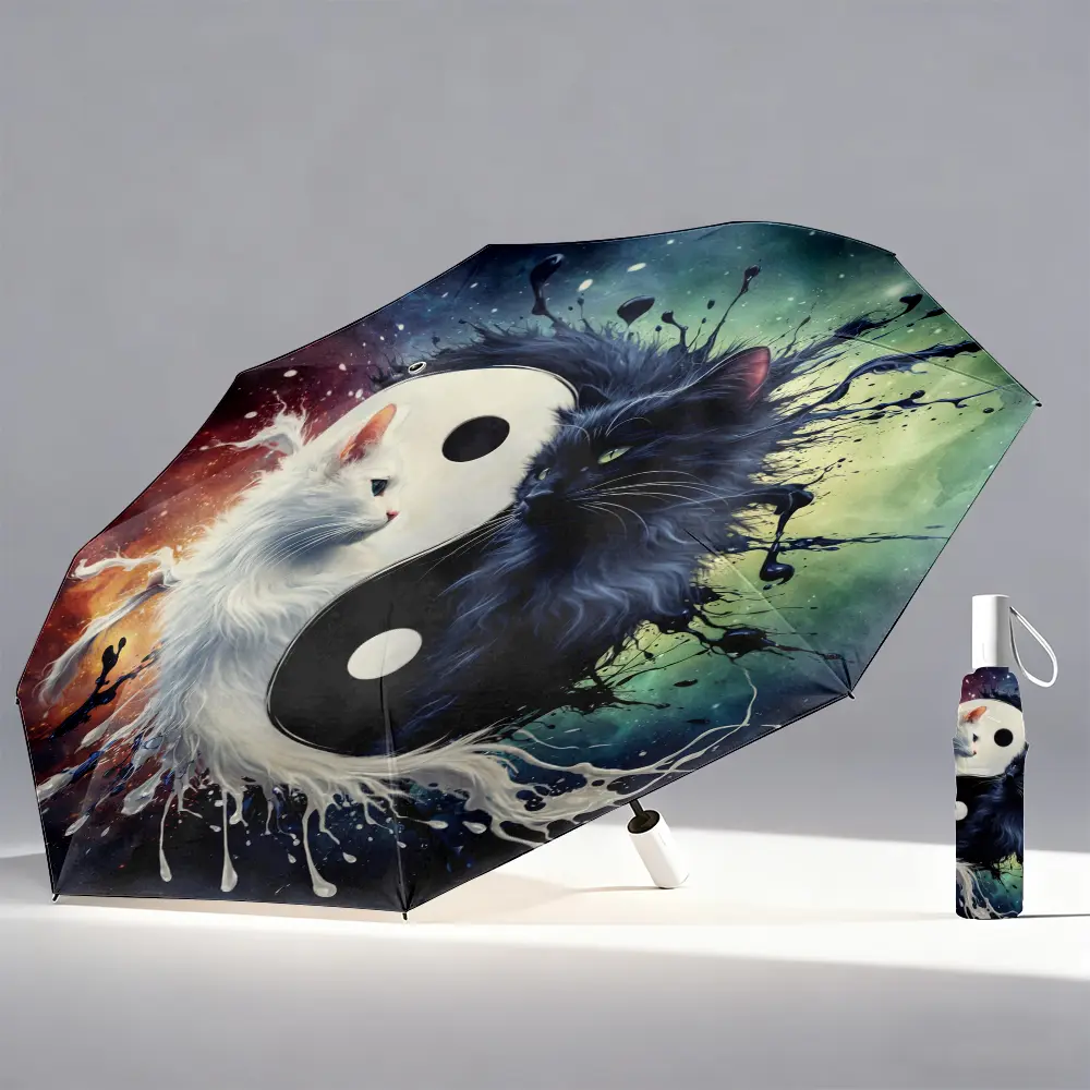 1 Yin-Yang Cat Design Automatic Folding Umbrella – 3-Fold, Vivid Cartoon Pattern, Black and White Cats, Sturdy Iron Frame, Lightweight and Portable, Ideal for Outdoor Activities and Gifts for Cat Lovers (G104), Cat