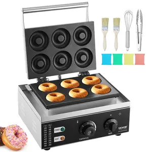 【fathersdaygift】VEVOR Electric Donut Maker, 1550W Commercial Doughnut Machine with Non-stick Surface, 6 Holes Double-Sided Heating Waffle Machine Makes 6 Doughnuts, Temperature 122-572℉, for Restaurant and Home Use, Metal