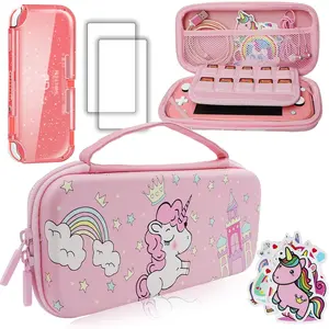 Z-PHP6 Pink Unicorn Carrying Case Compatible with Nintendo Switch Lite with Crystal Glitter Soft Protective Case Cover+Screen Protector+Stickers, Hard Storage Case Accessories Kit for Girls Birthday Gift
