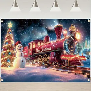 Festive 2D Flat Merry Christmas Train Banner Red & White Snowy Landscape with Decorated Tree Durable Polyester Backdrop for Holiday Photos Home Wall Decor Party Decoration Easy to Hang with Four Holes