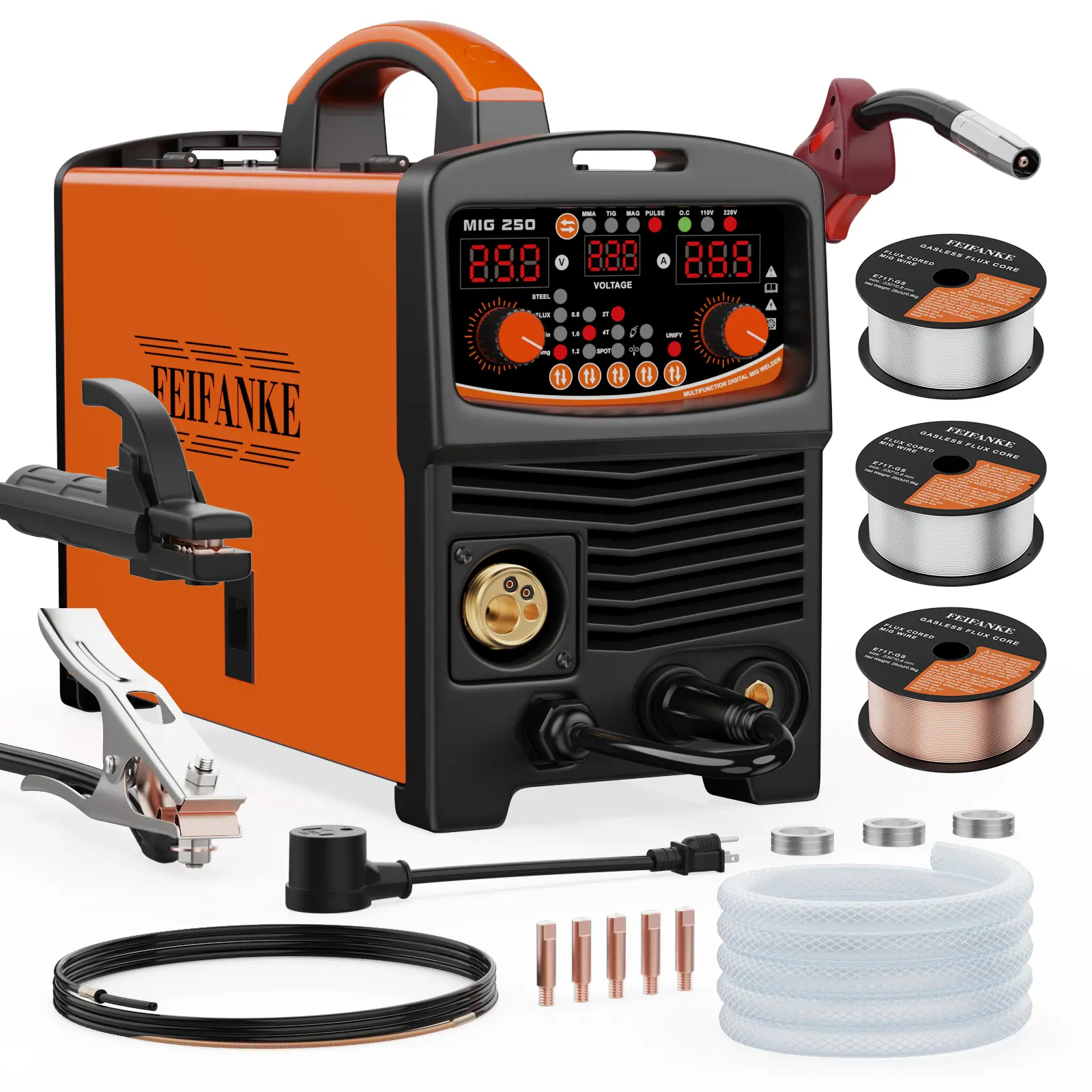 FEIFANKE MIG250A Welder with 110/220v smart conversion, 6-IN-1(MMA/LIFT TIG/FLUX CORE MIG CAS MIG/PLUSE MIG/SPOT welding) welder machine,LED Display Digital welder,Includes 3 Spools of Welding Wire,for Professional and DIY Welding Projects