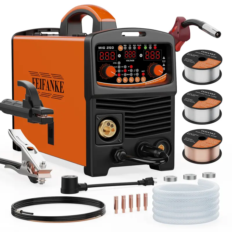 FEIFANKE MIG250A Welder with 110/220v smart conversion, 6-IN-1(MMA/LIFT TIG/FLUX CORE MIG CAS MIG/PLUSE MIG/SPOT welding) welder machine, LED Display Digital welder,Includes 3 Spools of Welding Wire,  for Professional and DIY Welding Projects