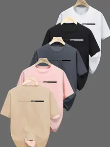 Men's Plus Size 5-Pack 'face the Future' Minimalist Print Loose Fit T-Shirts, Casual Long Sleeve Top, All-Over Print Design