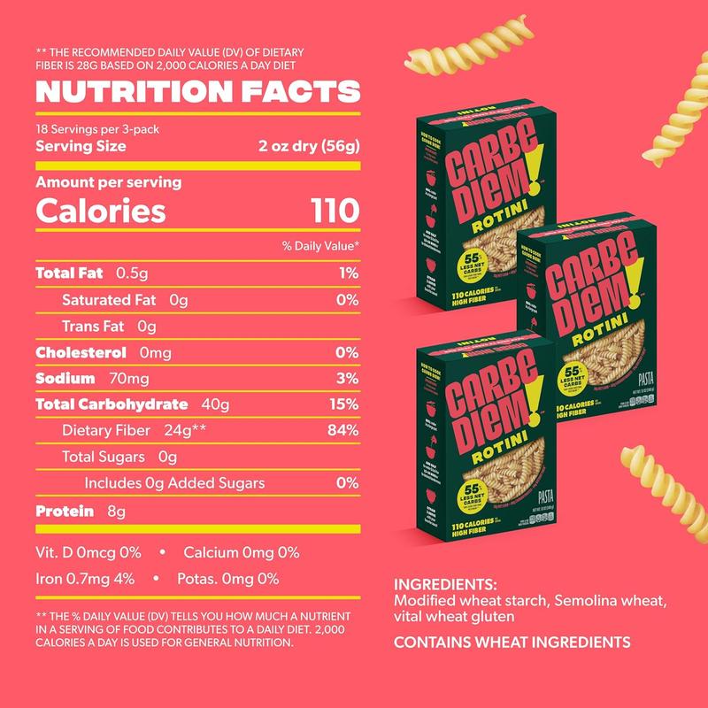 Carbe Diem!, Rotini, Lower Net Carb Pasta with Traditional Flavor & Texture, 8 grams of Protein, 55% Fewer Net Carbs & Only 110 Calories Per Serving, Pack of 3