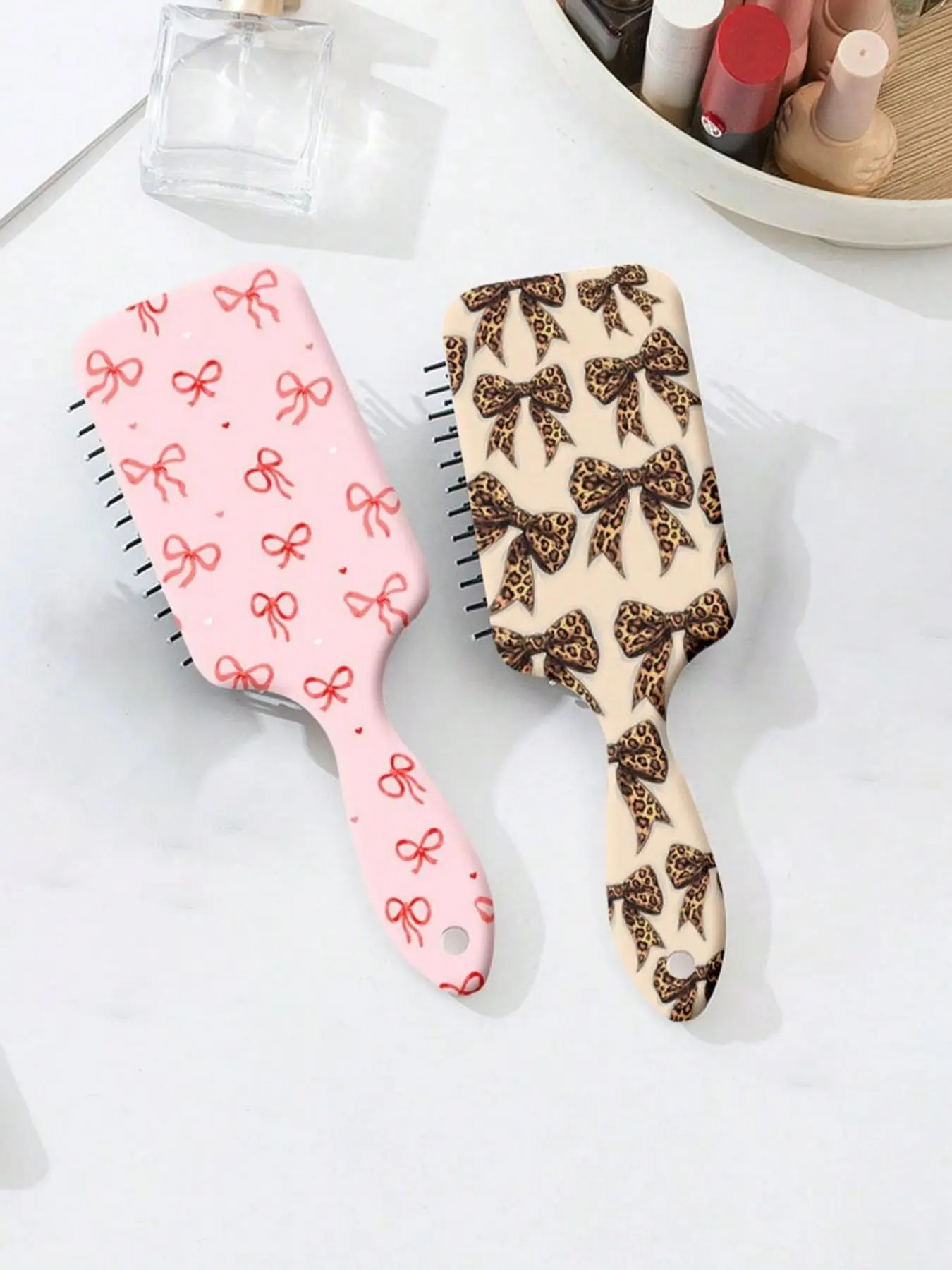 Cute Leopard Print Bow Pattern Hairbrush Set, Portable Hair Styling Tool for Home & Travel, Hair Accessories for Women & Girls