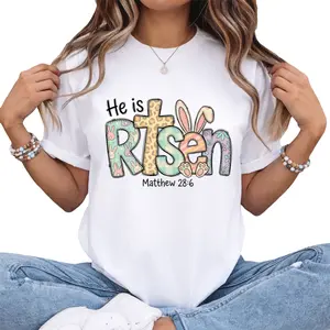 Christian Easter Tee with He Is Risen Matthew 28:6 and Easter Bunny Design for Faith Celebrations