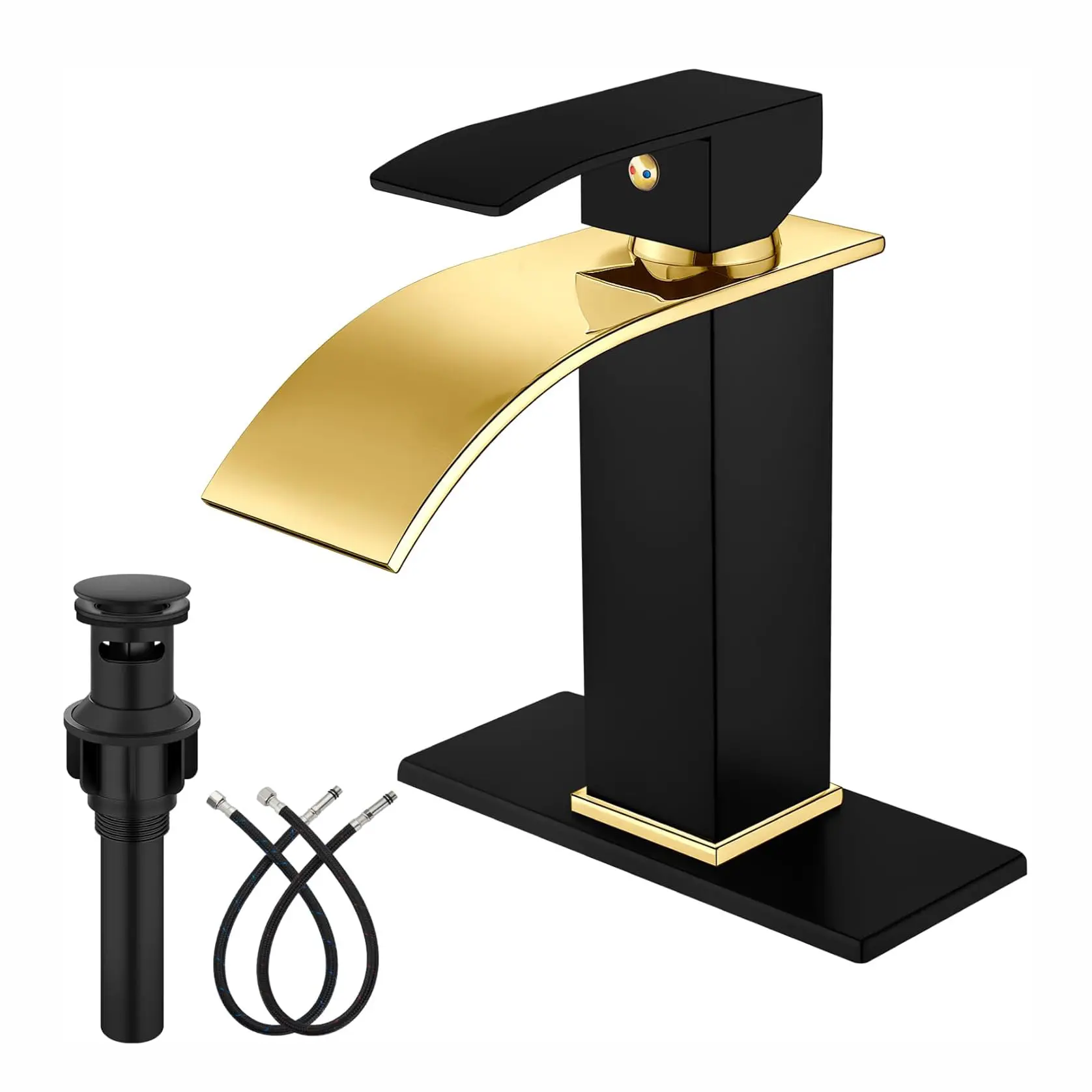 Matte Black & Polished Gold Brass Bathroom Faucet, Commercial Grade Waterfall Spout, Easy Control, 1-Hole/3-Hole Deck Mount, Pop-Up Drain Included, RV Compatible, Durable & Reliable Stainless Steel Body