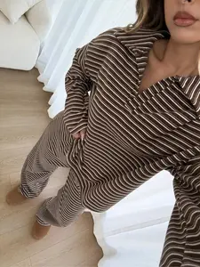 Women's Two-Piece Set, Loose Striped V-Neck Long Sleeve Casual T-Shirt & Elastic Waist Pants for Fall & Winter Outfit