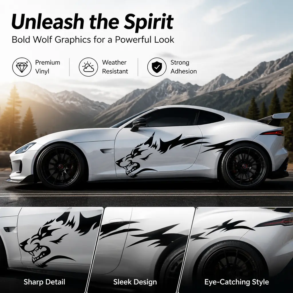 2Pcs Large Wolf Head Car Side Decals, 51x19.7in Black Beast Graphic Vinyl Stickers, Universal Waterproof UV-Resistant Peel-and-Stick Decoration for Sedan, SUV, Truck Vehicle Body Door Fender