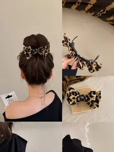 Fashion Leopard Print Bow Hair Clip, Bow Detail Vintage Fabric Shark Clip for Ponytail and High Bun Hairstyles, Suitable for All Elegant Ladies