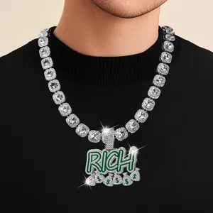 Row Diamond Tennis Necklace with RICH Letter Money Bag Pendant Hip Hop Rappe Cubic Zircon Baguette Chain Square Tennis Chain with Novel RICH Pendant Ideal Jewelry for Daily Wear Gift for Men Women Boys, Girls
