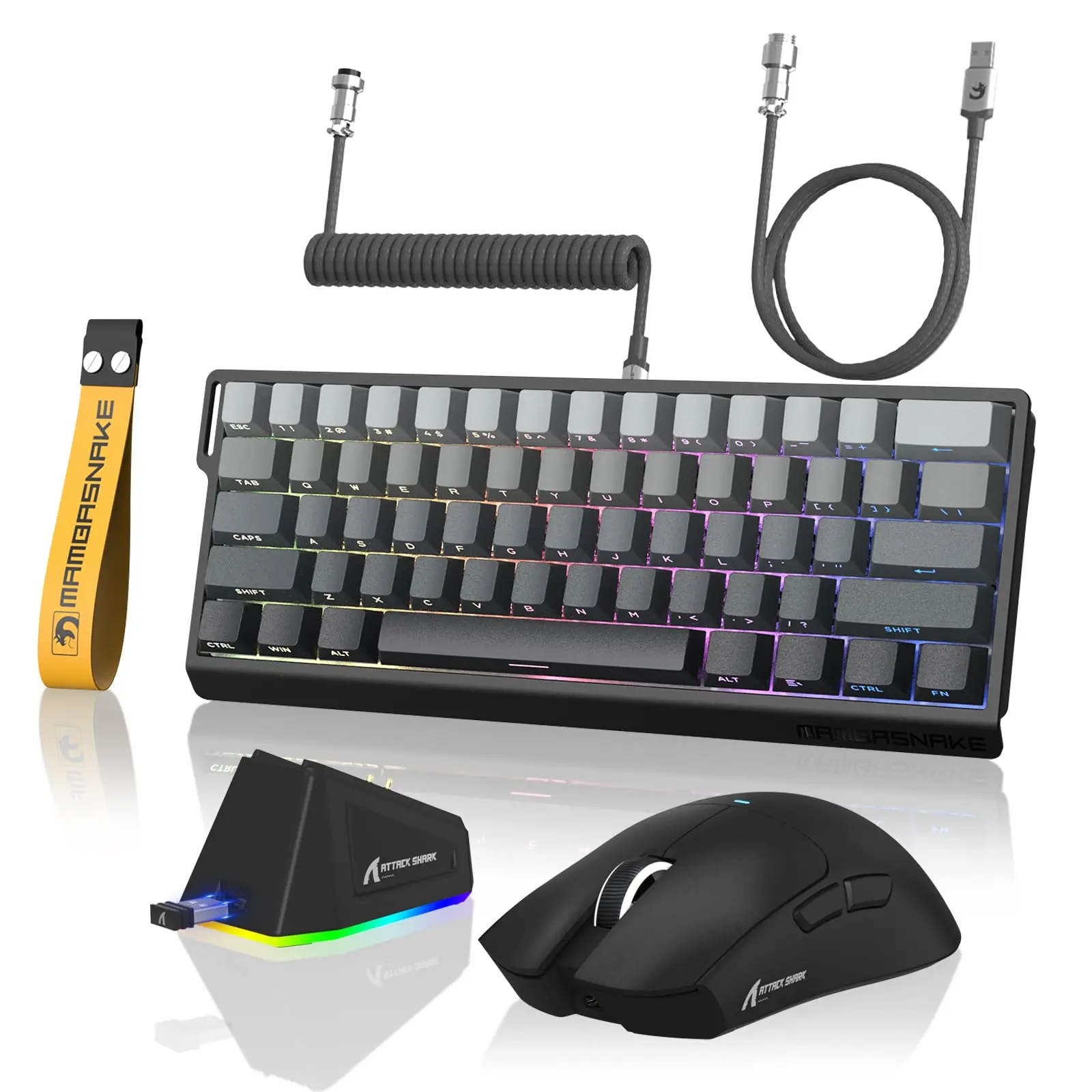 ATTACK SHARK Wireless Gaming Combo, Mechanical, USB Rechargeable Keyboard & Ultra-light Mouse with Charging, RGB Backlit 3-mode Gaming Keyboard with Coiled Cable, Ergonomic Mechanical Keyboard, Rechargeable Backlight Keyboard