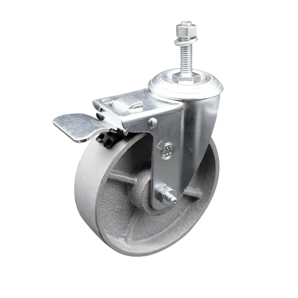 Service Caster Heavy Duty Semi Steel Cast Iron Swivel Threaded Stem Caster with Lockable Swivel Wheels, Total Locking Brake, 5x1.25 in. Silver Wheel, 10 mm Stem, Lockable Wheels