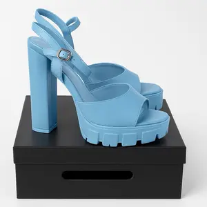 Hills Blue Leather Platform Sandals with Chunky Heel and Adjustable Ankle Strap for Women