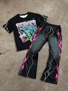 A color-blocked bell-bottom set featuring gothic cross and lettering prints—a great choice for outdoor wear
