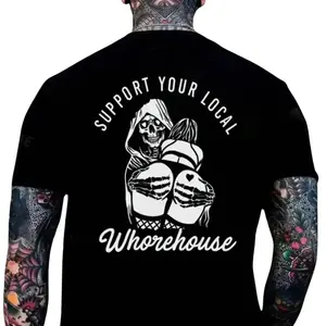 Support Your Local Whorehouse T-Shirt Bold Skeleton Tattoo Graphic for Men & Women Edgy Biker Humor Tee Streetwear with Savage Attitude Classic Crew-Neck Short-Sleeve Tee Jet Black Premium Cotton Blend