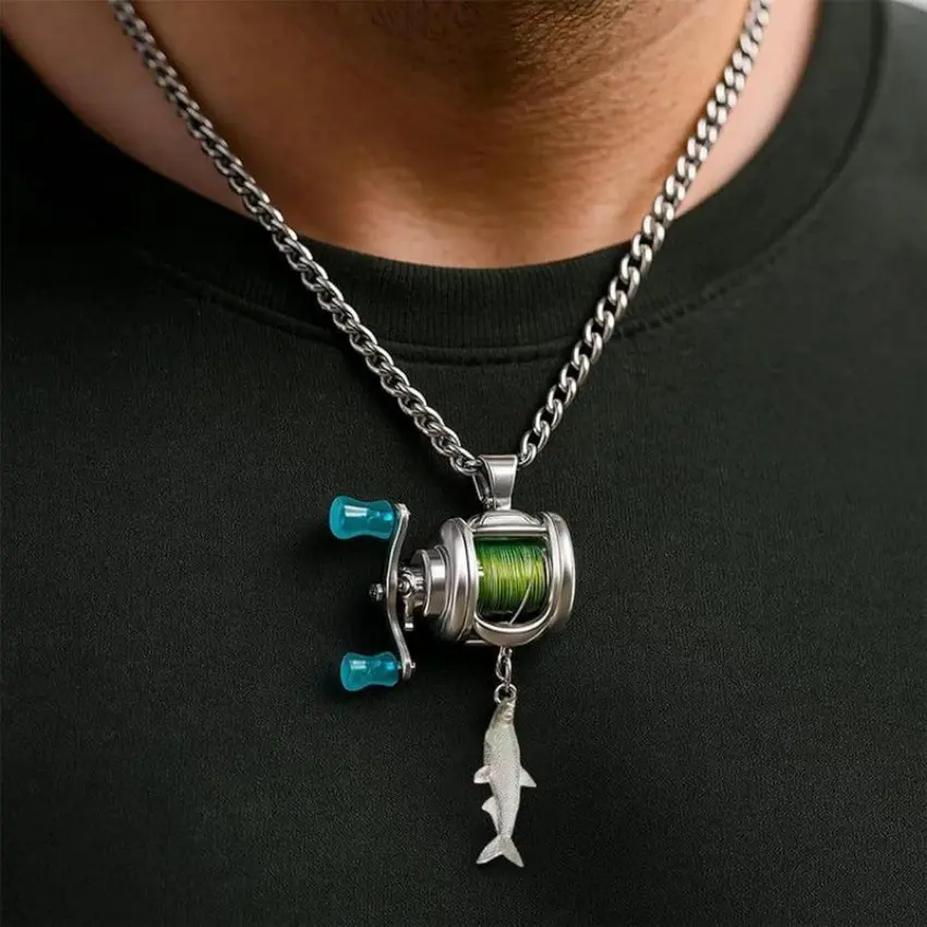 Fashionable Fishing Reel Necklace with Chain, Realistic Unisex Metal Pendant Jewelry for Anglers with a Functional Rotating Handle, Daily, Casual, Interactive Motion Mechanism, Micro-Scale Precision, Fish-Themed Necklaces, Accessory Necklace, Micro-Precis
