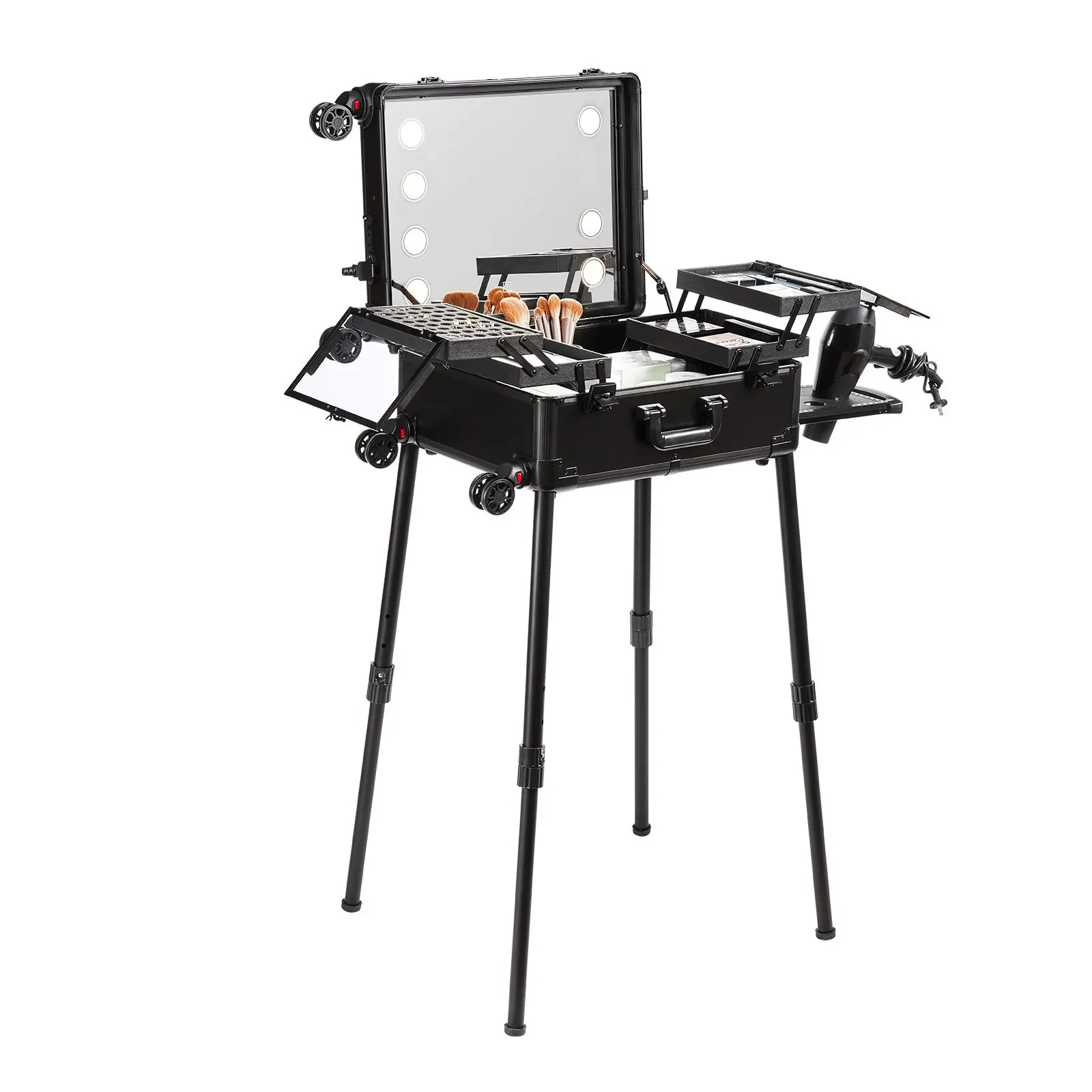 Makeup Train Case With Lock, Lighted Mirror, 4 Storage Trays, Brush Holder, Travel Cosmetic Organizer Box With Swivel Wheels, Professional Artist Trolley Studio Free Standing Case For On-The-Go Travel And Makeup Storage