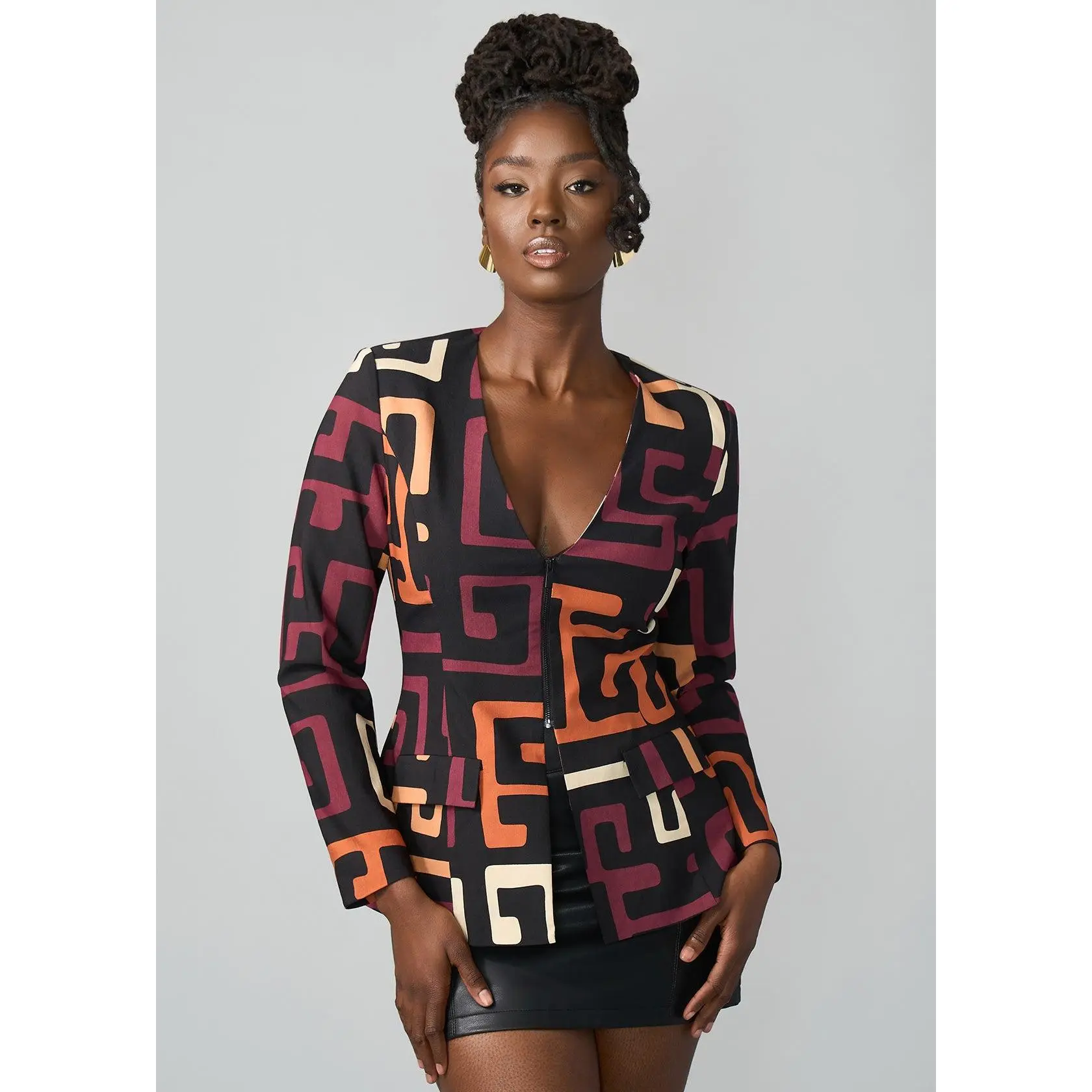 Fafa Women's African Print Stretch Zip-Up Blazer (Neutral Kuba Geometric)