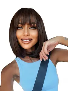 Medium-length straight hair fully machined bangs wig 14 inches Linen brown heat-resistant fiber high temperature silk wig dyeable and permable bangs synthetic wig Linen brown Short Bob Wigs for Linen brown Synthetic Wigs with Bangs Heat Resistant Fiber