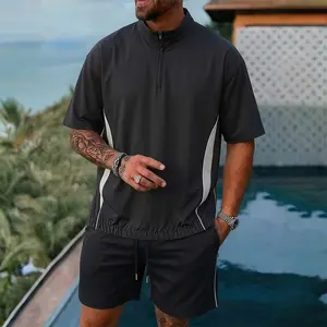 Half-Zip Stand Collar Color Strip Short Sleeve Top With Drawstring Waist Casual Shorts Two-Piece Outfit Stable Silhouette-Locking Roomy Relaxed Contour Refined Side Panel Detail All-Scene Versatile Daily Vacation Athleisure Matching Set